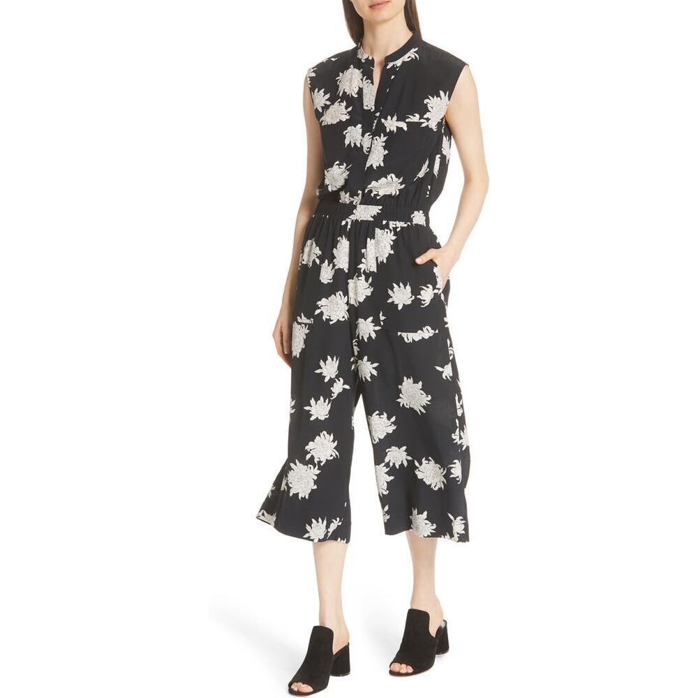 VINCE Chrysanthemum Black & White Print Floral 100% Silk Jumpsuit Size Large